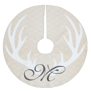Rustic White Deer Antlers & Cream Monogram Brushed Polyester Tree Skirt