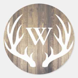 Rustic White Deer Antlers Farmhouse Initial Letter Classic Round Sticker