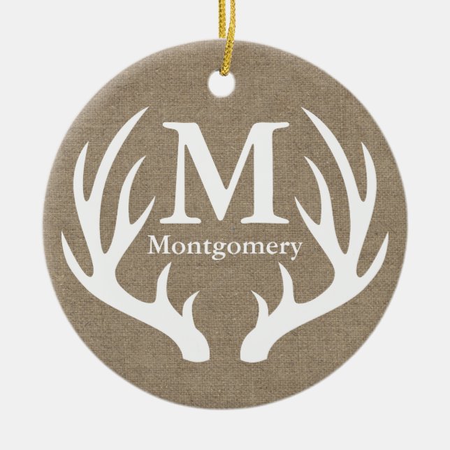 Rustic White Deer Antlers Faux Burlap Family Name Ceramic Tree Decoration (Front)