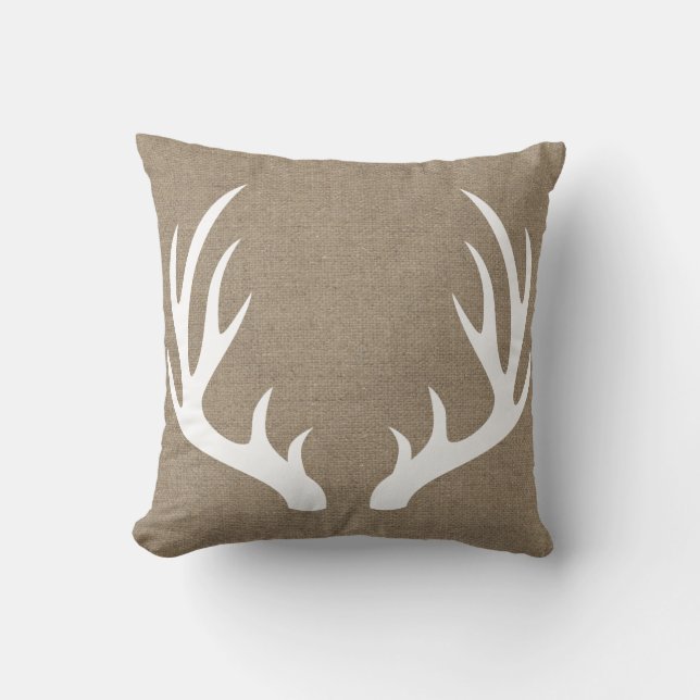 Rustic White Deer Antlers & Faux Burlap Print Cushion (Front)