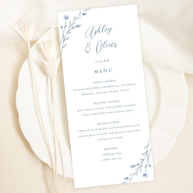 Rustic White & Dusty Blue Floral Wedding Menu Card (Creator Uploaded)