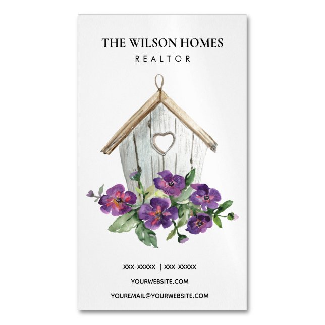 RUSTIC WHITE FLORAL BIRDHOUSE REAL ESTATE REALTOR MAGNETIC BUSINESS CARD (Front Vertical)