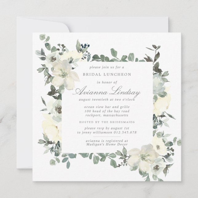 Rustic White Floral Botanical Bridal Luncheon Invitation (Front)