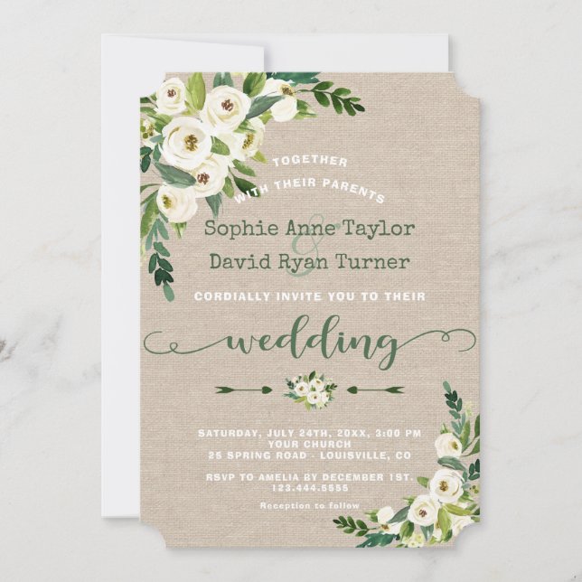 Rustic White Floral Burlap Handwriting Wedding Invitation (Front)