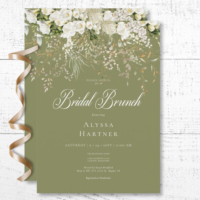 Rustic White Floral Drop Sage Green Bridal Brunch Invitation (Rustic White Floral Drop Sage Green Bridal Brunch Invitation)