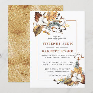 Rustic White Floral Gold Autumn Leaves Wedding Invitation