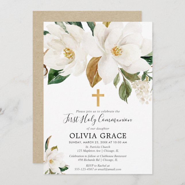 Rustic white floral magnolia first communion invitation (Front/Back)