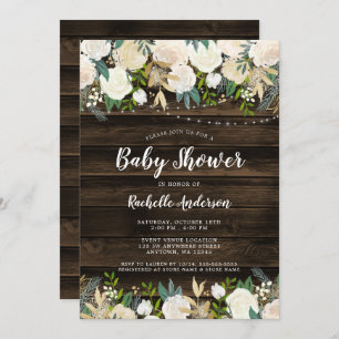 Rustic White Floral String Lights Girl Baby Shower Invitation