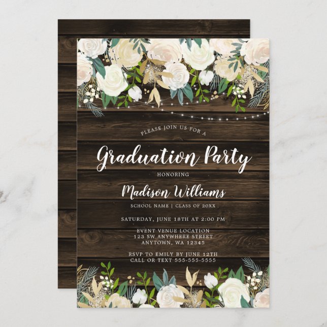 Rustic White Floral String Lights Graduation Party Invitation (Front/Back)