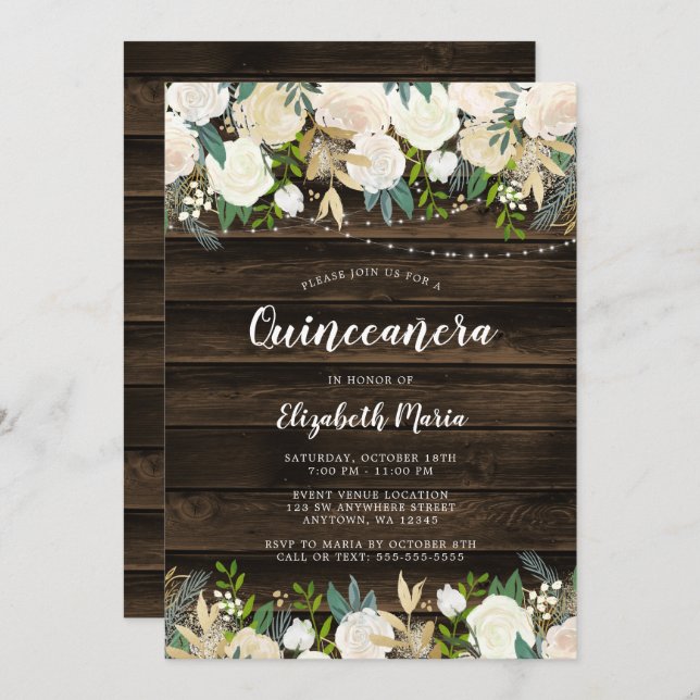 Rustic White Floral String Lights Quinceanera Invitation (Front/Back)