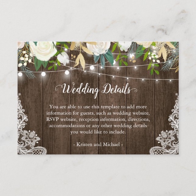 Rustic White Floral String Lights Wedding Details Enclosure Card (Front)