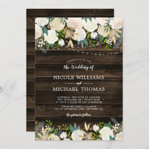 Rustic White Floral String Lights Wedding Invitation