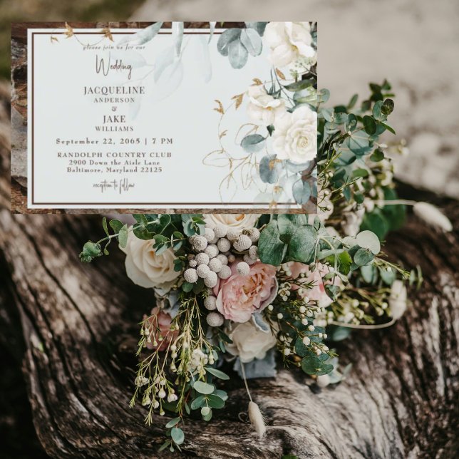 Rustic White Floral Wood Light Sage Wedding Invitation (Creator Uploaded)