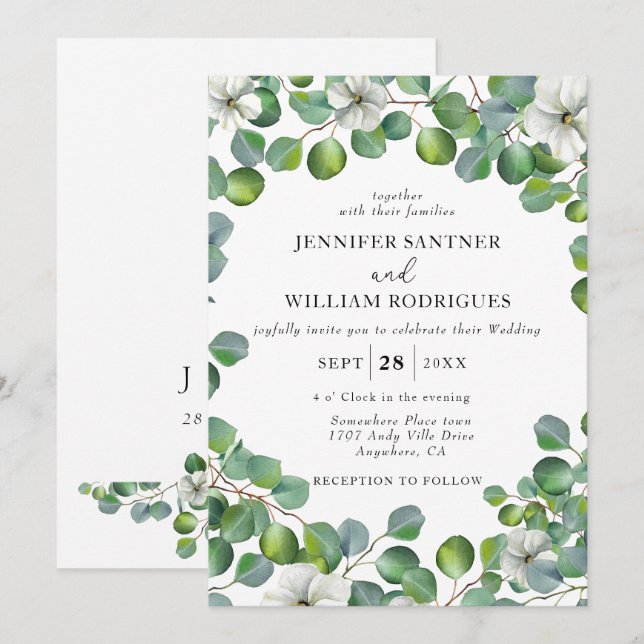 Rustic White Flower and Eucalyptus Wedding Invitation (Front/Back)