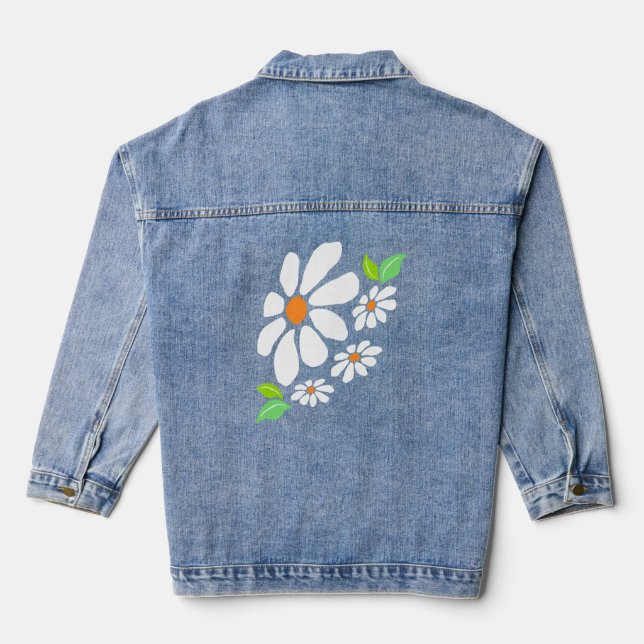 Rustic White Flower Drawing Denim Jacket (Back)