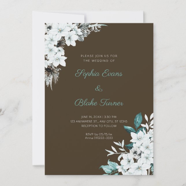 Rustic White Flowers Boho Wood Brown Wedding Invitation (Front)