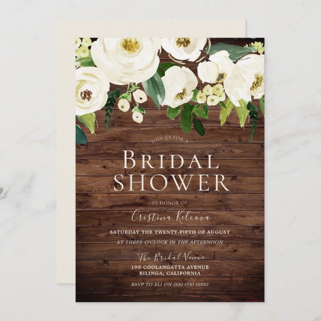 Rustic White Flowers & Cream Bridal Shower Invitation (Front/Back)