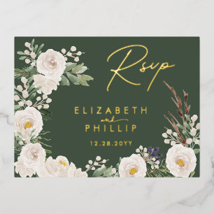 Rustic White Flowers Gold Green Greenery RSVP Foil Invitation Postcard