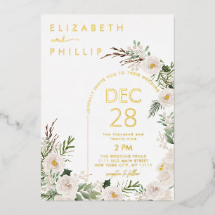 Rustic White Flowers Gold Winter Greenery Wedding