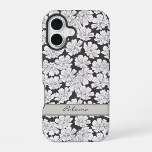 Rustic White Flowers Sketch Black Grey Custom Name iPhone 16 Case