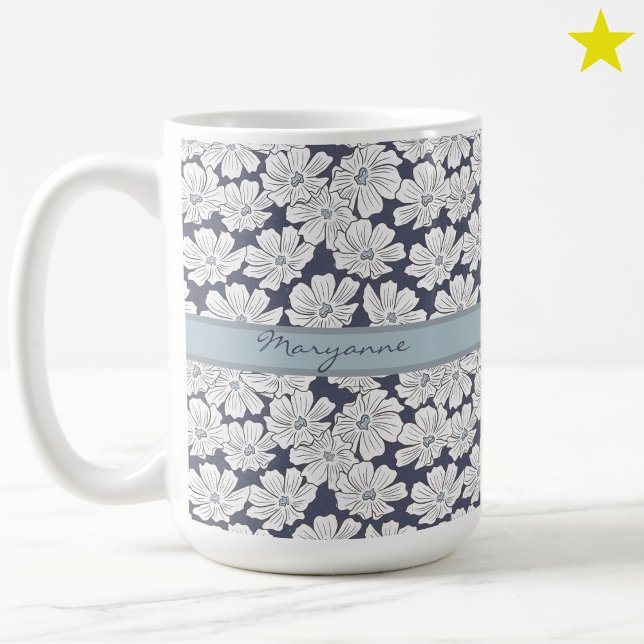 Rustic White Flowers Sketch Blue Shade Custom Name Coffee Mug (Creator Uploaded)