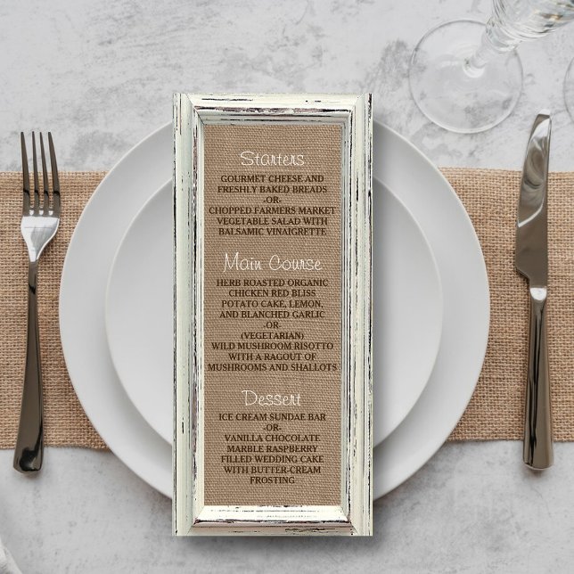 Rustic White Frame & Burlap Wedding Menu (Creator Uploaded)