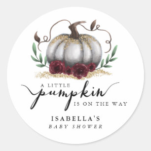Rustic White Gold Pumpkin Baby Shower Favour Classic Round Sticker