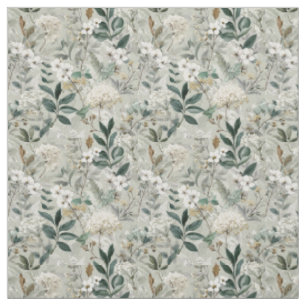 Rustic White Green Botanical Vintage Boho Floral Fabric