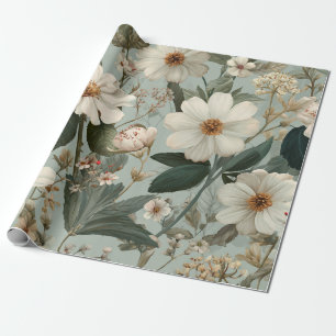 Rustic White Green Botanical Vintage Boho Floral Wrapping Paper