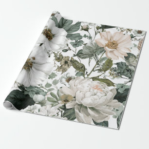 Rustic White Green Botanical Vintage Boho Floral Wrapping Paper