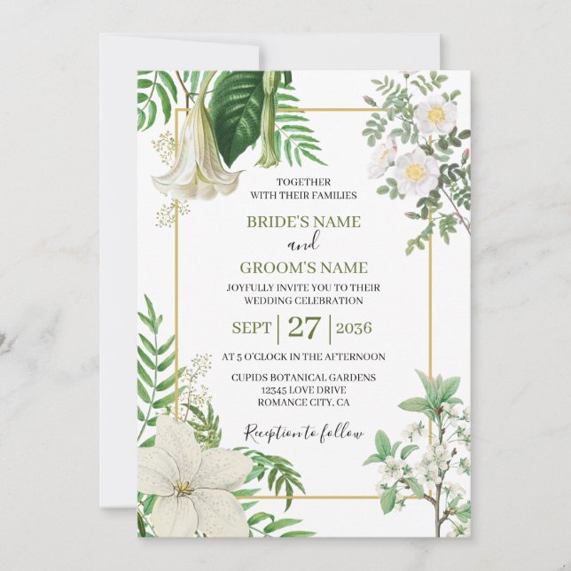 Rustic White Green Watercolor Floral Gold Wedding  Invitation (Front)