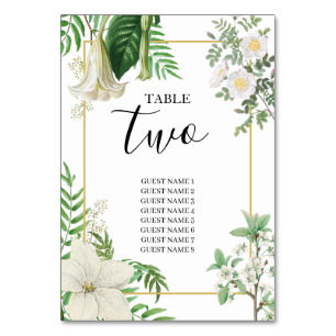 Rustic White Green Watercolor Floral Gold Wedding  Table Number