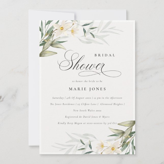Rustic White Greenery Floral Bridal Shower Invite (Front)