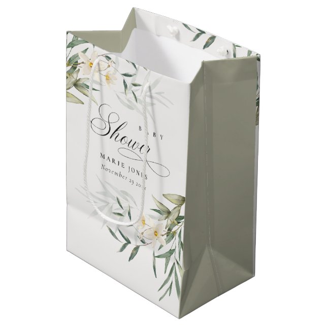 Rustic White Greenery Floral Bunch Baby Shower Medium Gift Bag (Front Angled)