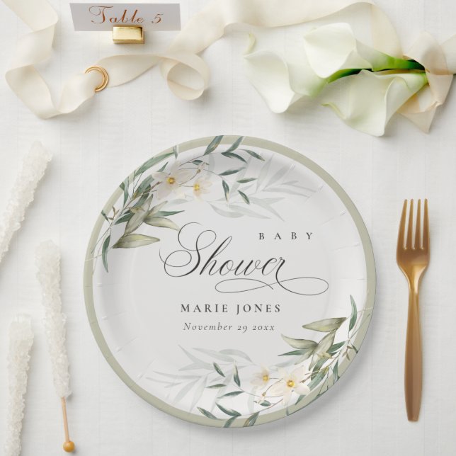 Rustic White Greenery Floral Bunch Baby Shower Paper Plate (Wedding)
