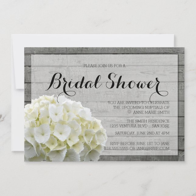 RUSTIC WHITE HYDRANGEAS BRIDAL SHOWER INVITATION (Front)