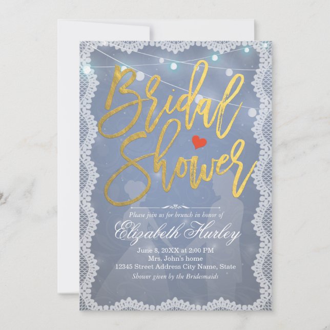Rustic White Lace and String Lights Bridal Shower Invitation (Front)