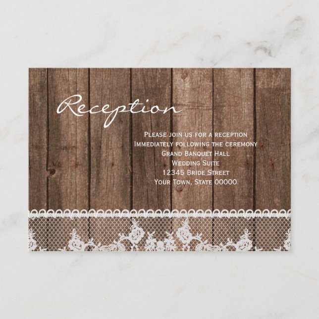 Rustic White Lace and Wood Reception Info Card (Front)