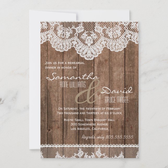Rustic White Lace and Wood Rehearsal Dinner Invite (Front)