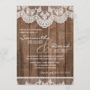 Rustic White Lace and Wood Rehearsal Dinner Invite