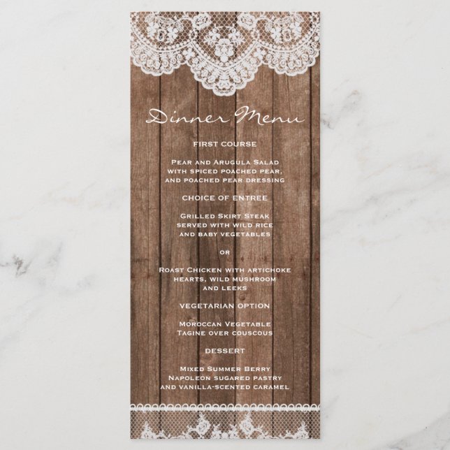 Rustic White Lace and Wood Slim Dinner Menu (Front)