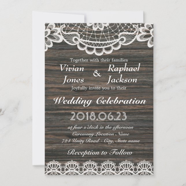 Rustic White Lace and Wood Wedding Invitation (Front)