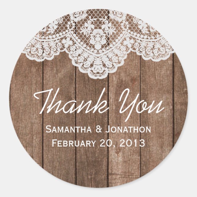 Rustic White Lace and Wood Wedding Thank You Classic Round Sticker (Front)
