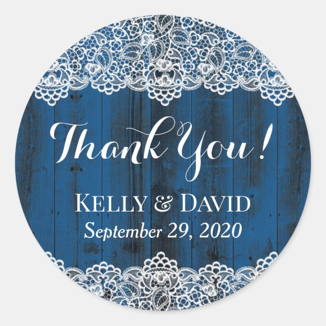 Rustic White Lace Blue Barn Wood Wedding Favour Classic Round Sticker (Front)
