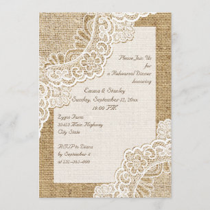 Rustic white lace, burlap wedding rehearsal dinner invitation