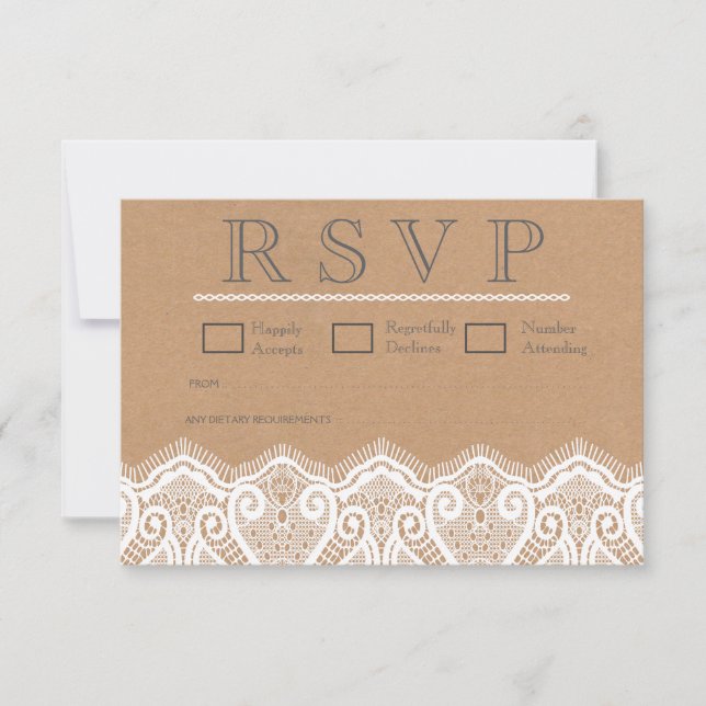 Rustic White Lace & Kraft Wedding RSVP Cards (Front)