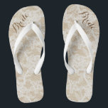 Rustic White Lace on Brown Background, Bride Jandals<br><div class="desc">These flip flops feature a background of white lace on a light brown background and dark brown customisable text,  at the top toe area,  that reads: Bride.</div>