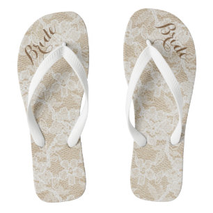 Rustic White Lace on Brown Background, Bride Jandals