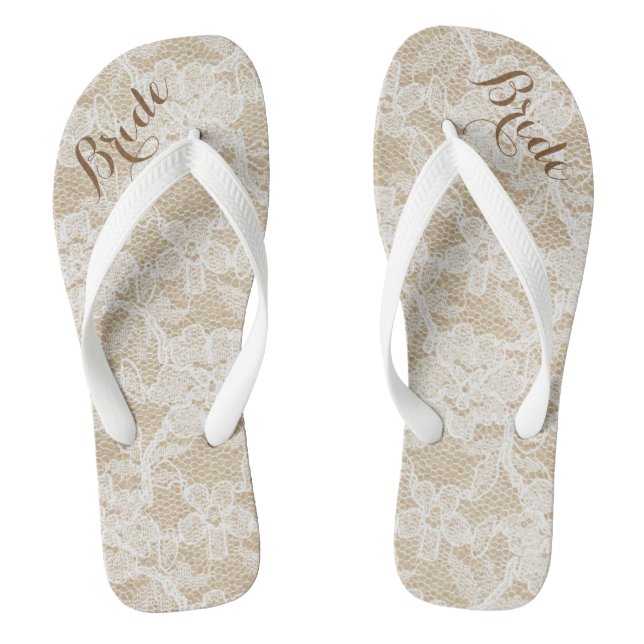 Rustic White Lace on Brown Background, Bride Jandals (Footbed)