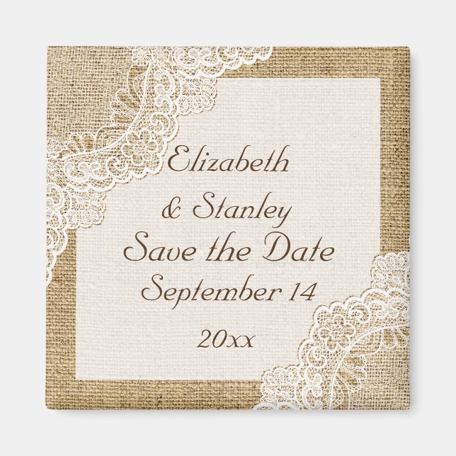 Rustic white lace on burlap wedding Save the Date Magnet (Front)